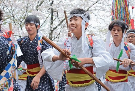 満開の桜の下棒踊りを奉納